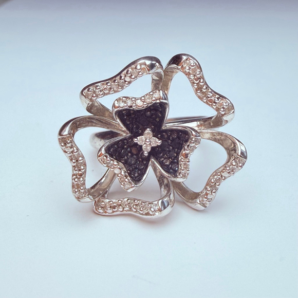 Modernist Diamond Pave Sculptural Spiral Flower 925 Sterling Silver VTG Ring